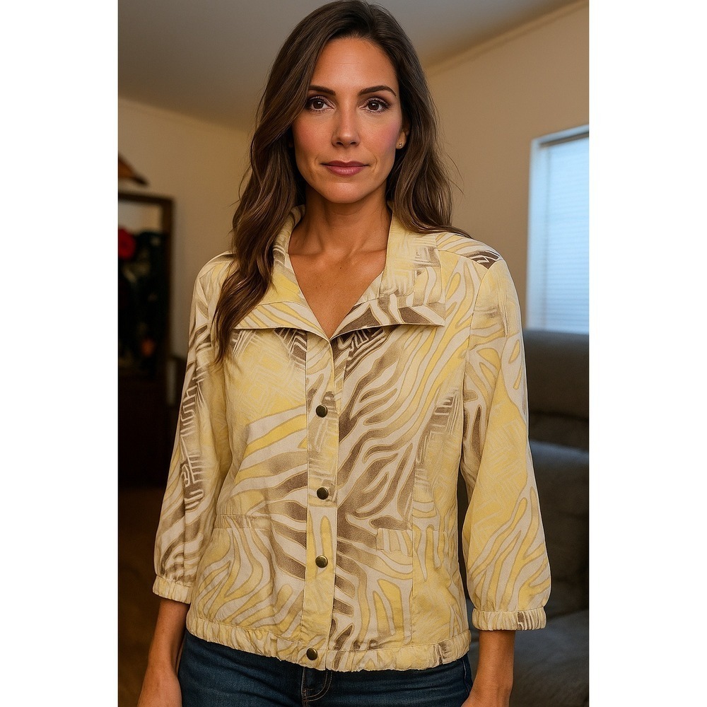 Zenergy by Chico's Jacket Size 2 Womens Abstract Print Button Up 3/4 Sleeve